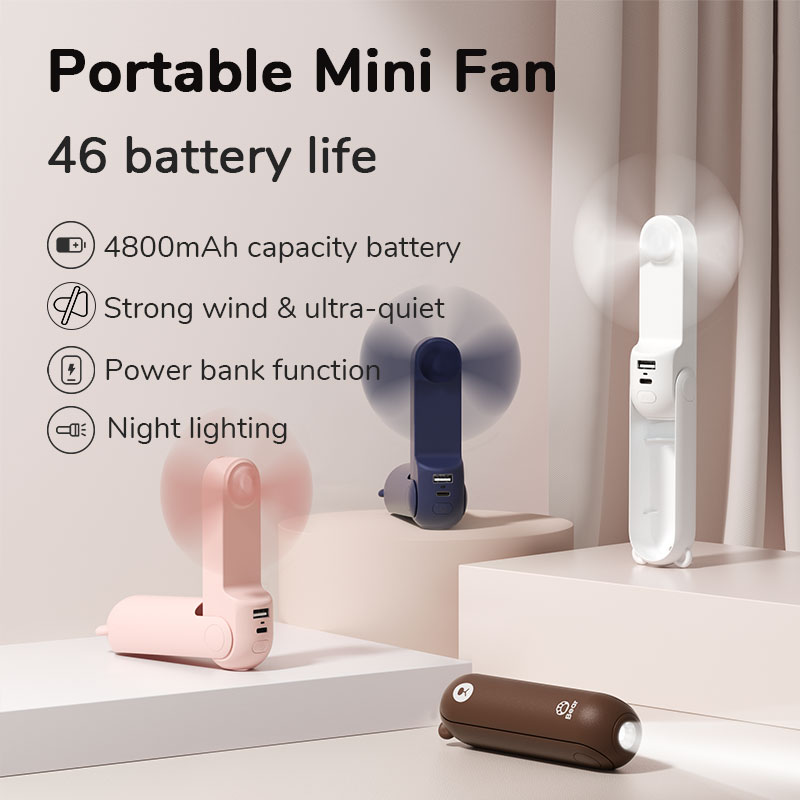 Portable Mini Handheld Fan USB Rechargeable, Fan with Power Bank & Flashlight, Compact Cooling for Travel & Camping