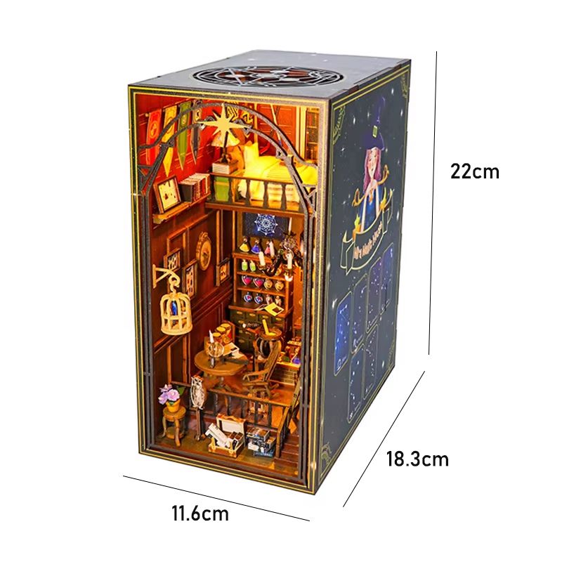 DIY Book Nook Kit Wooden Dollhouse Building Set LED Bookshelf Insert Miniature House Bookend
