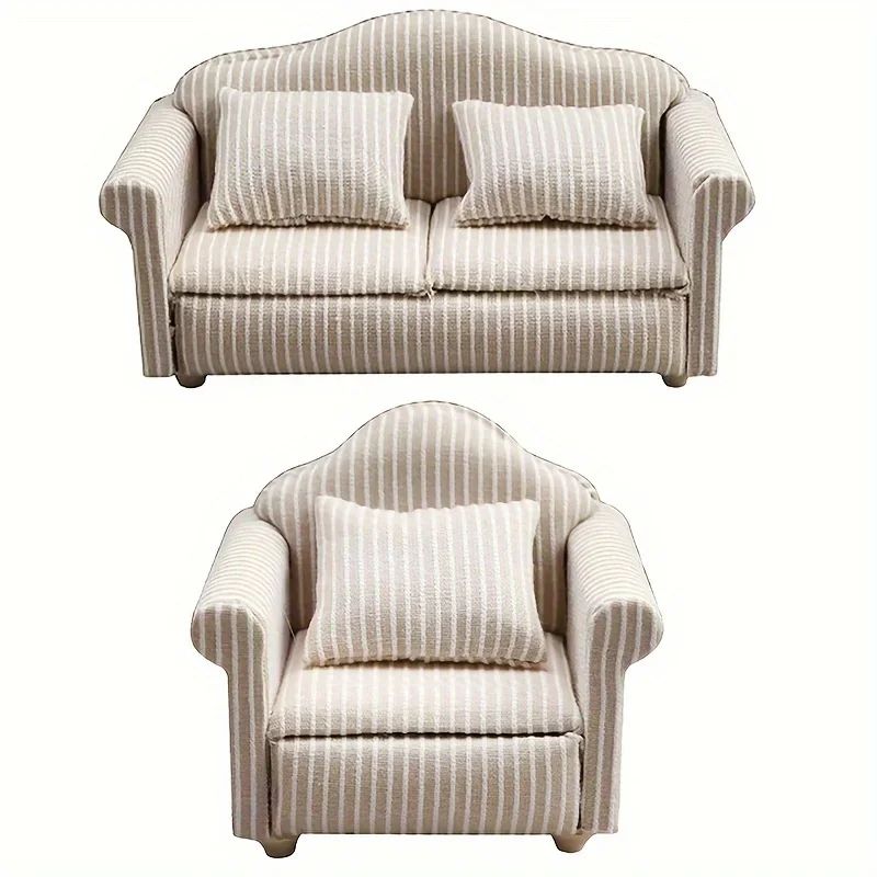 Cozy Neutral Dollhouse Mini Sofa Set with Pillows for Miniature Living Room Decor