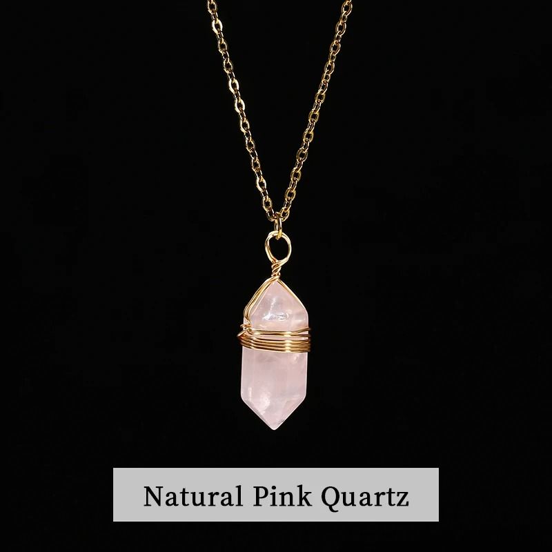 Natural Pink Quartz Amethyst Hexagon Column Pendant Necklace