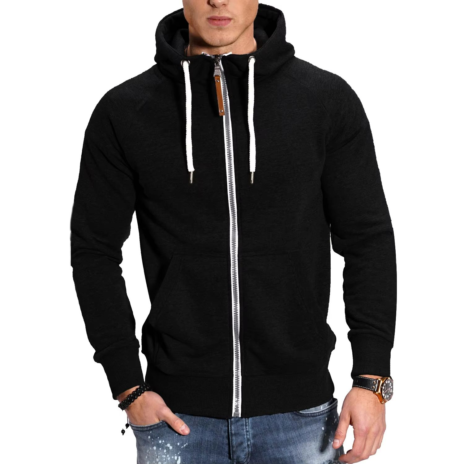Men's High Neck Zipper Hoodie Long Sleeve Pullover Sweatshirt Jacket