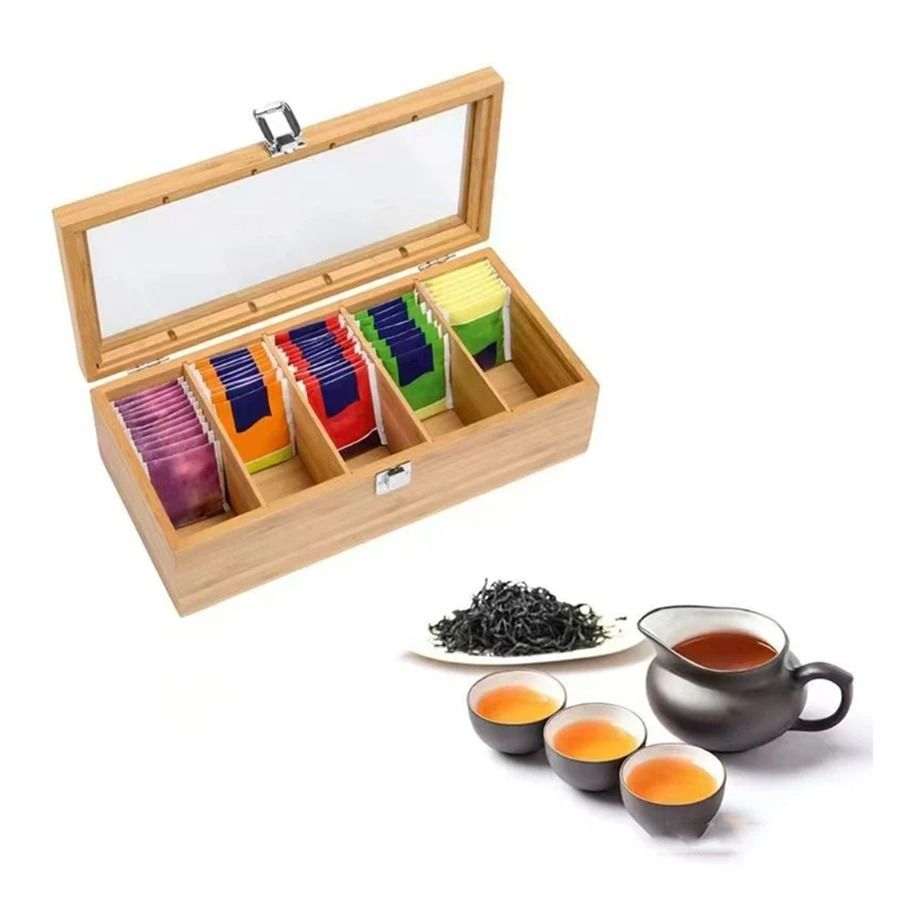 Bamboo Tea Bag Storage Box – 5-Compartment Portable Tea Holder – Multipurpose Organizer for Home & Office