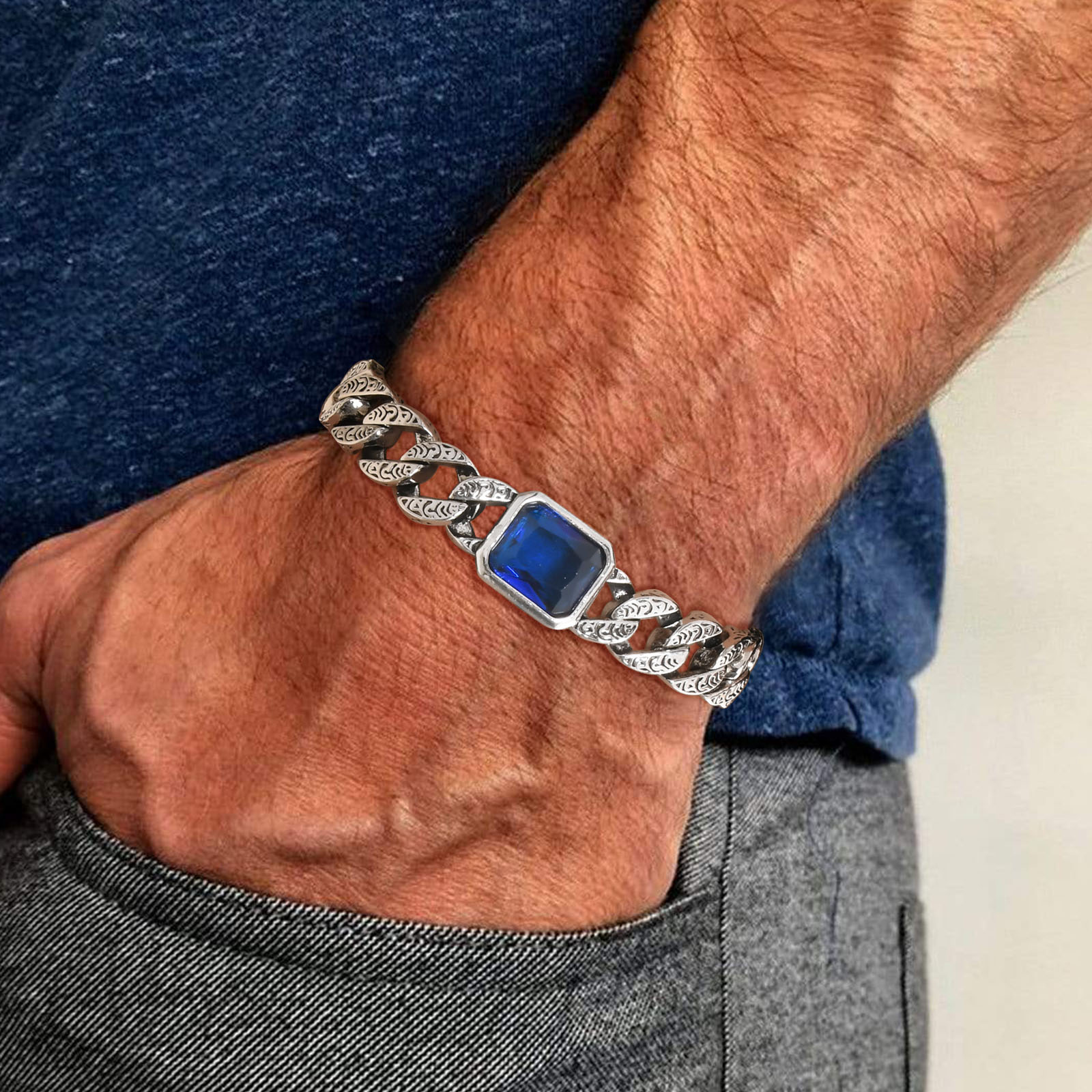 Chunky Cuban Chain Bracelet for Men Stainless Steel Cuban Link Wristband with Blue Stone