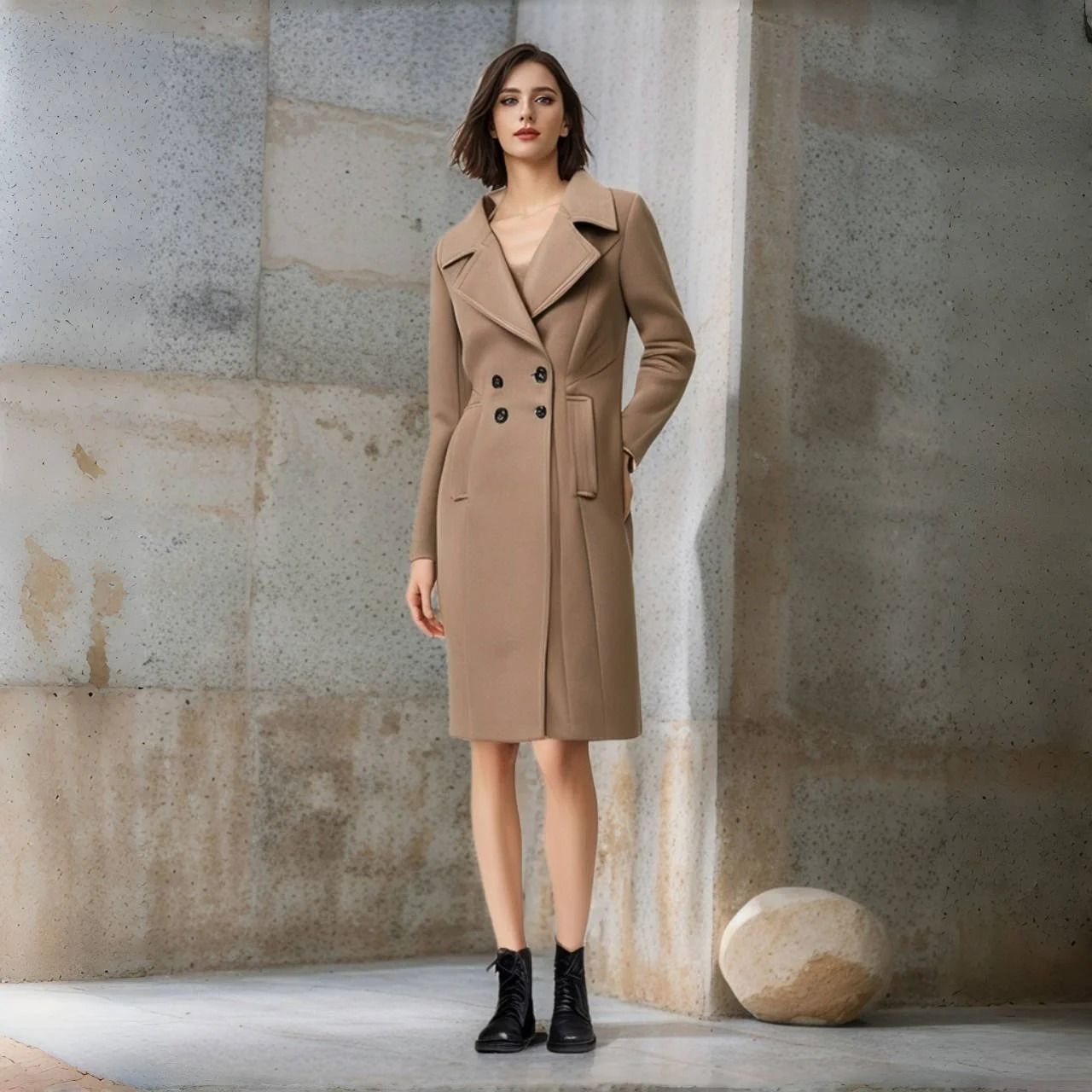 Double-Breasted Winter Wool Blend Lined Coat