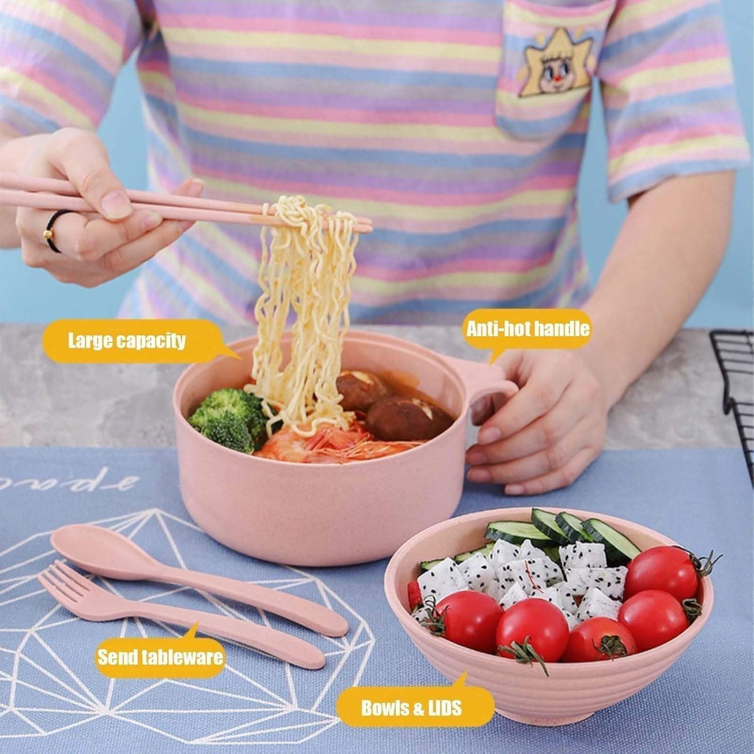 Microwavable Cooker Bowl with Lid, Ramen Noodles Bowl Set with Chopsticks, Ramen Bowl Set