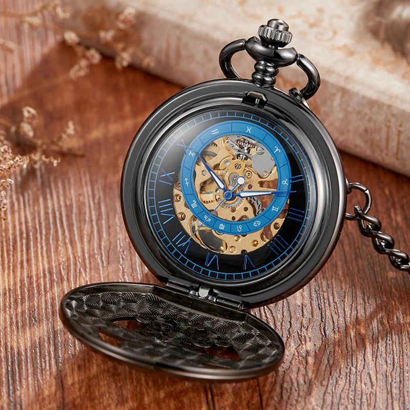 Mechanical Pocket Watch Star and Moon Phase Skeleton Design