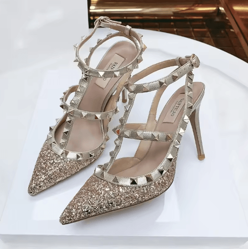 2025 Luxury Punk Rivet Pointed Toe Stiletto Gladiator Sandals