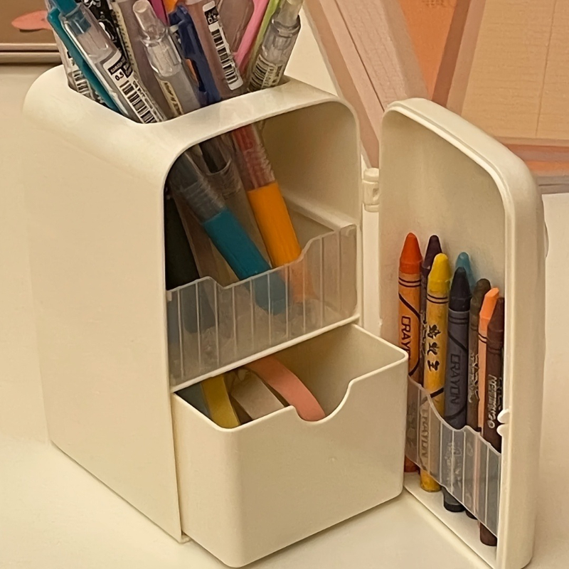 1PC Cute Cartoon Refrigerator Shaped Pen Holder, Fun Desktop Storage with Playful Eyes Smiling Face