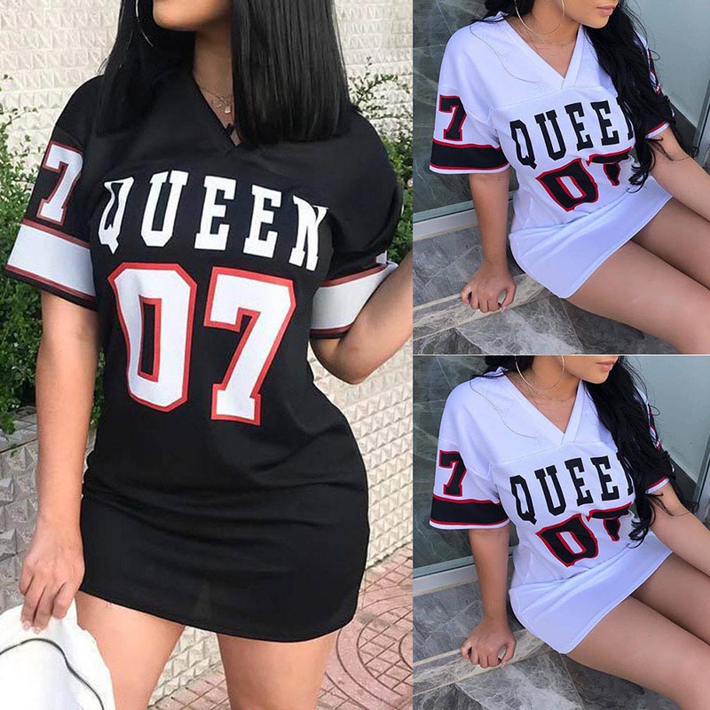 V-Neck Queen Letters Print Dress Short Sleeve Basketball Sporty Style Sexy Loose Female Clothing Streetwear