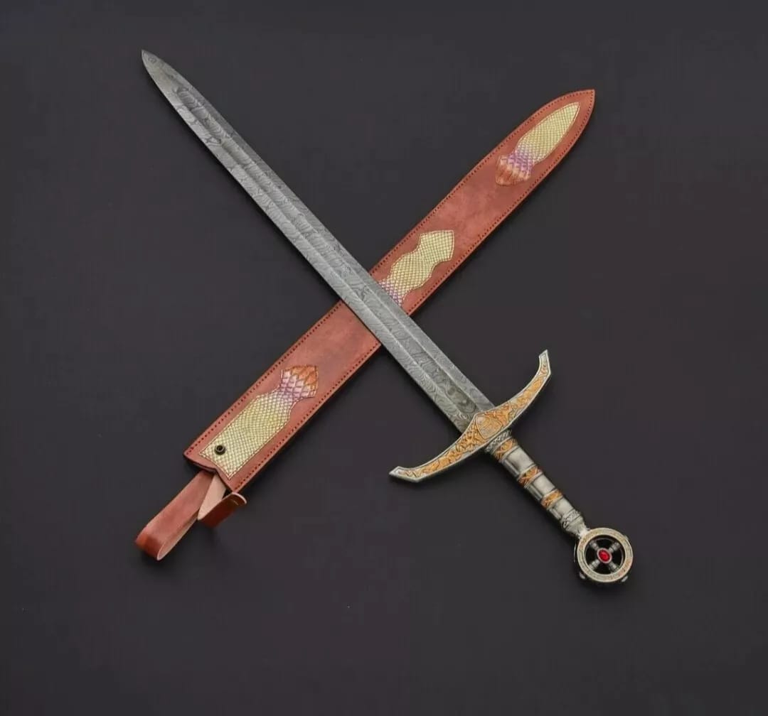 CUSTOM HANDMADE FORGED DAMASCUS STEEL HUNTING VIKING REAL LONG SWORD WITH SHEATH