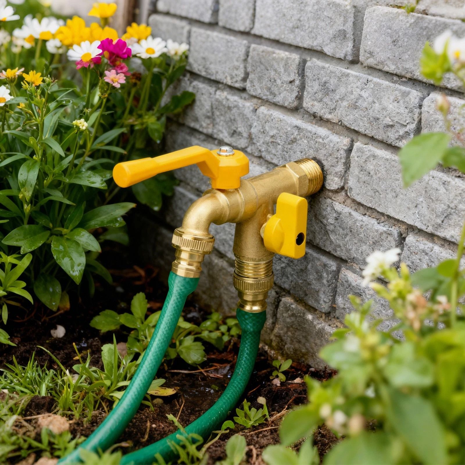 Double Tap Brass Garden Faucet Splitter Valve with Dual Outlets for Outdoor Use