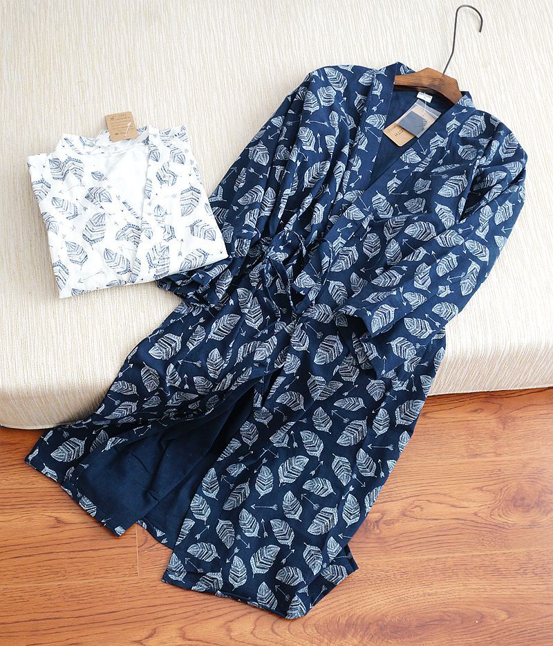 Men's Hooded Cotton Gauze Robe, Thin Yukata Kimono Pajamas, V-Neck Cotton Bathrobe