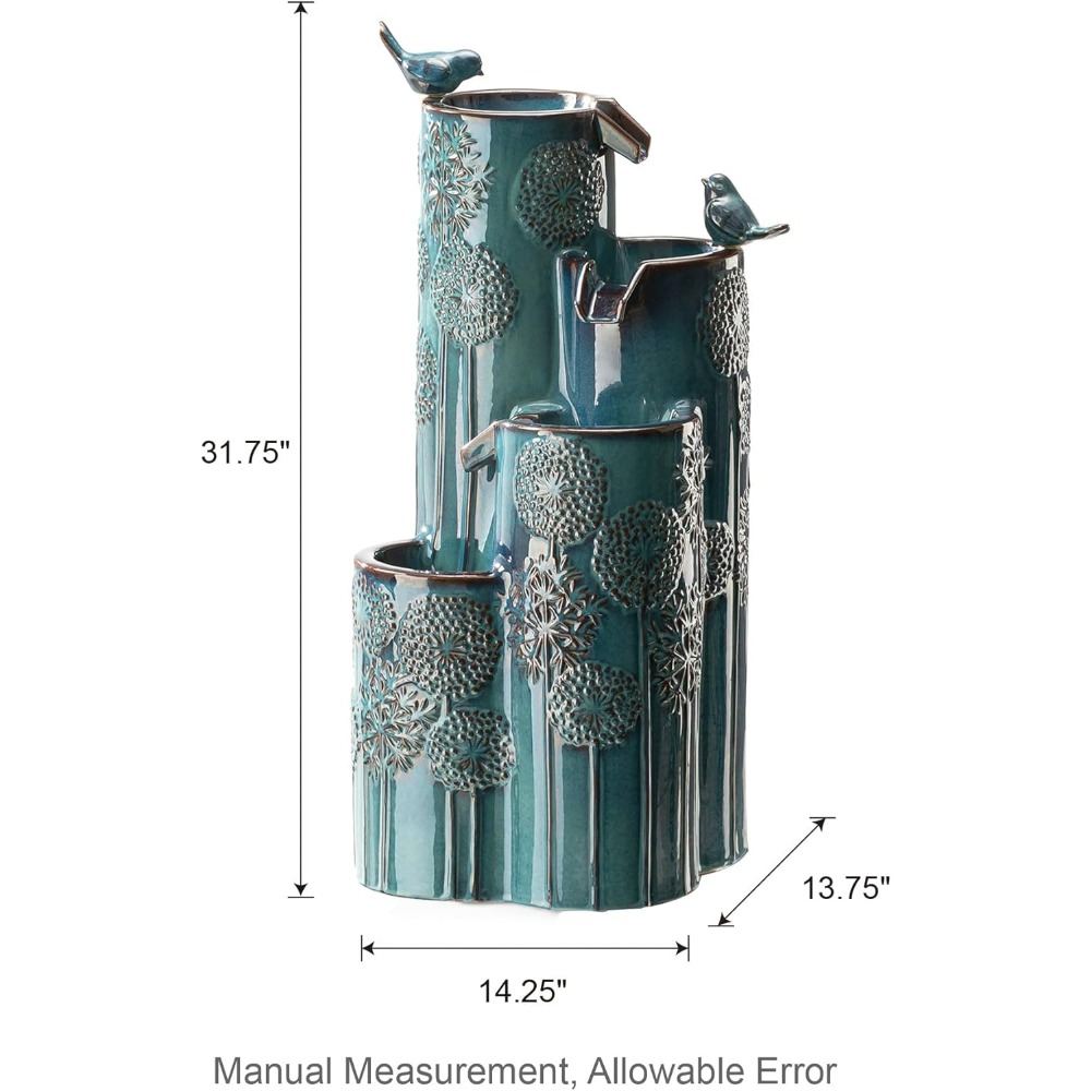 31.75 H Outdoor Water Fountain with LED Lights and Pump, Dandelion Texture Vase Shaped Ceramic Floor Standing Fountain