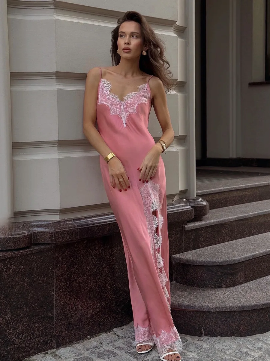 Wolfeel Womens Lace Camisole Long Dress, 2025 Summer New, Imitation Silk, Sexy Split Stitch Lace Dress