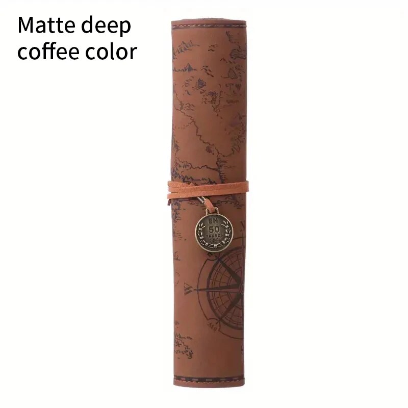 Creative Retro Leather Pencil Case Large Capacity Treasure Map Roll Pencil Bag with Embossed Buckle
