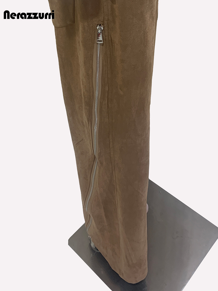 Luxury Designer European Clothes, Spring Double Waisted Long Khaki Stretchy Suede Faux Leather Pants with Zipper Style