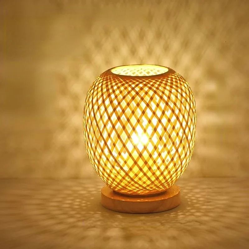 Adjustable Rattan Table Lamp with Bamboo Woven Shade Natural Bedside Light