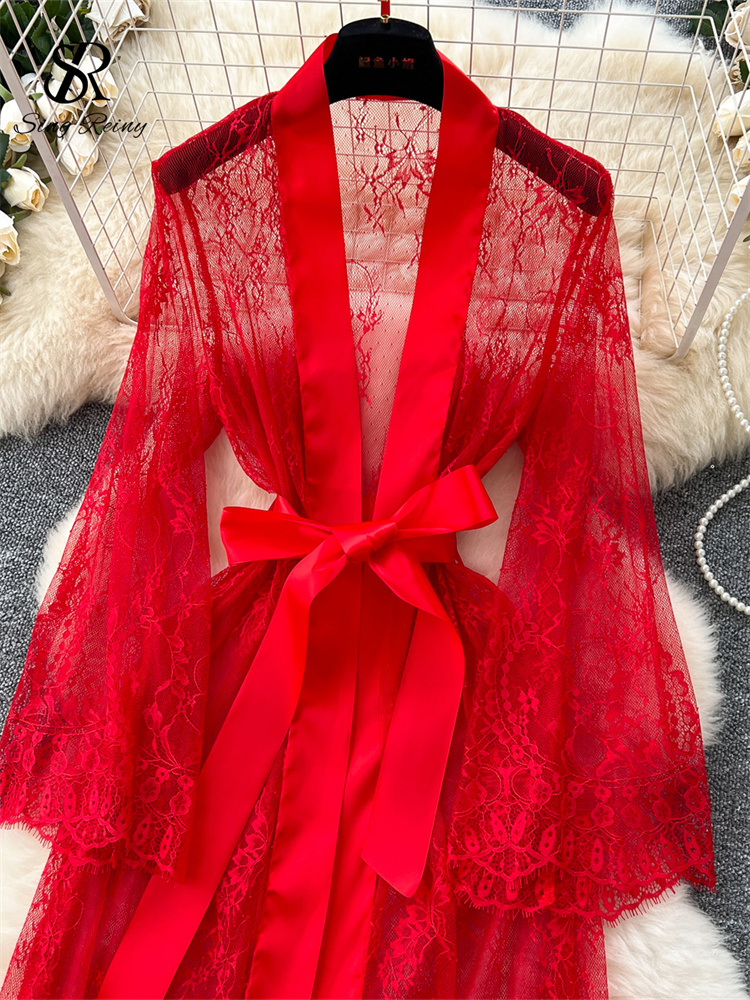 Lace Up Solid Long Sleeve Robes, Elegant Sheer Cardigan Long Robes Female, Fashion Women Transparent Lace Sensual Robes