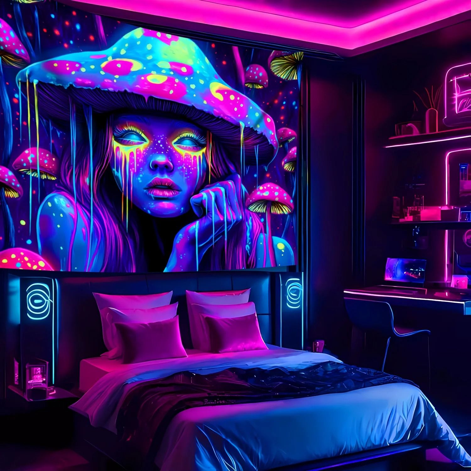 Psychedelic Mushroom Girl Blacklight Reactive Tapestry
