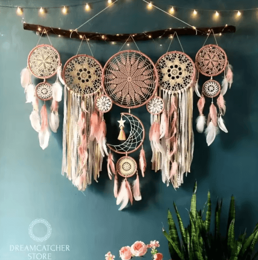 Boho Macrame Dream Catcher Set – 5-Piece Moon Wall Hanging Decor for Home & Nursery