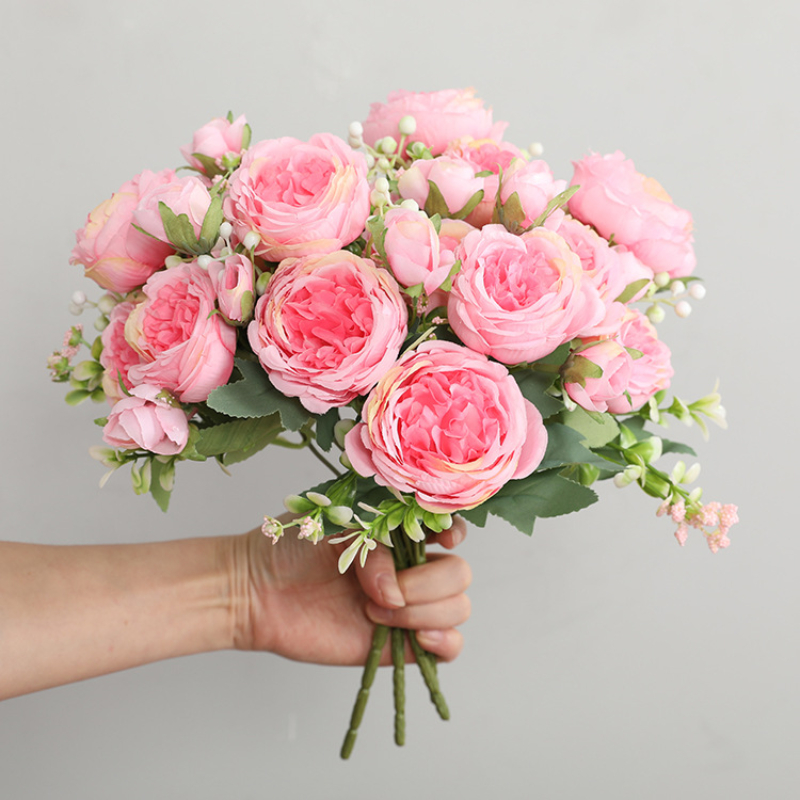 Rose Pink Silk Bouquet Peony Artificial Flower, 5 Big Heads & 4 Small Buds, Bride Wedding Home Decoration