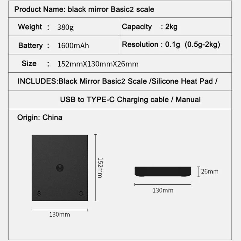 TIMEMORE Black Mirror Basic 2 Coffee Scale – 0.1g Precision Pour Over & Espresso Scale with Flow Rate Display