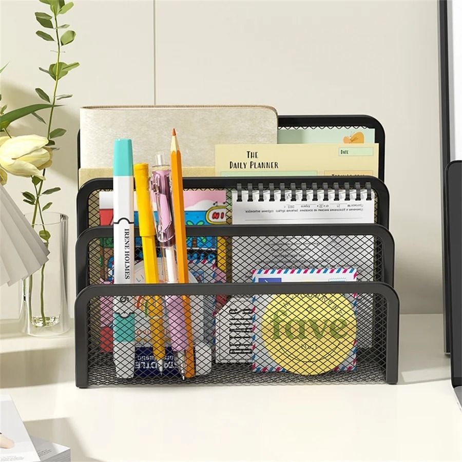 3 Tier Metal Mesh Desk Organizer Tray Black Document and Magazine File Holder Rack