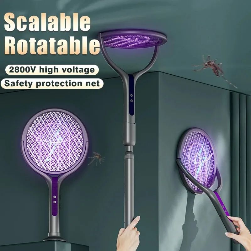 2800V Electric Mosquito Swatter Rechargeable Mosquito Racket with Extension Handle 5-Layer Safety Protection