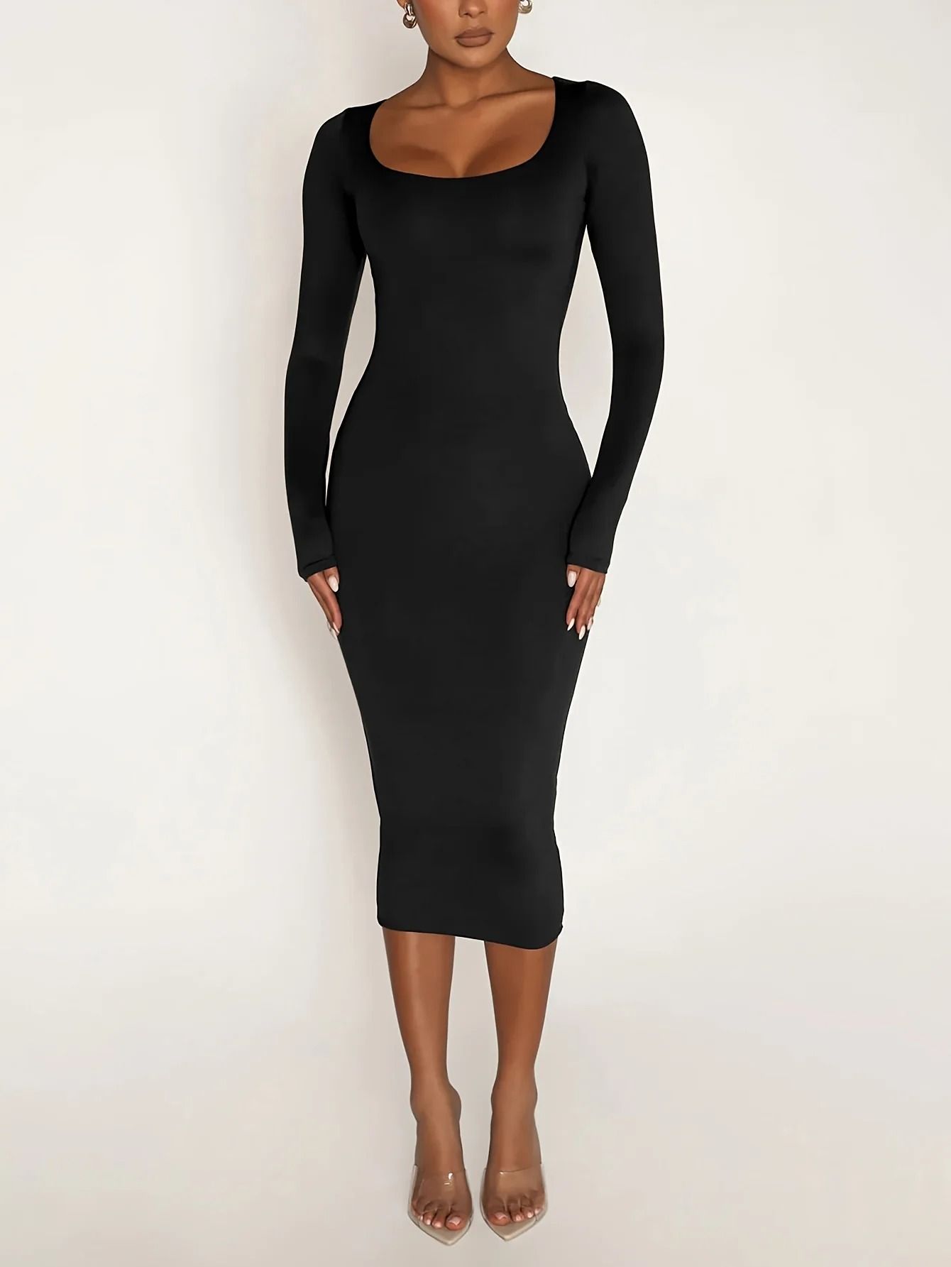 Women's Long Sleeve U-Neck Party Bodycon Midi Jumper Dress Stretch Winter Wrap