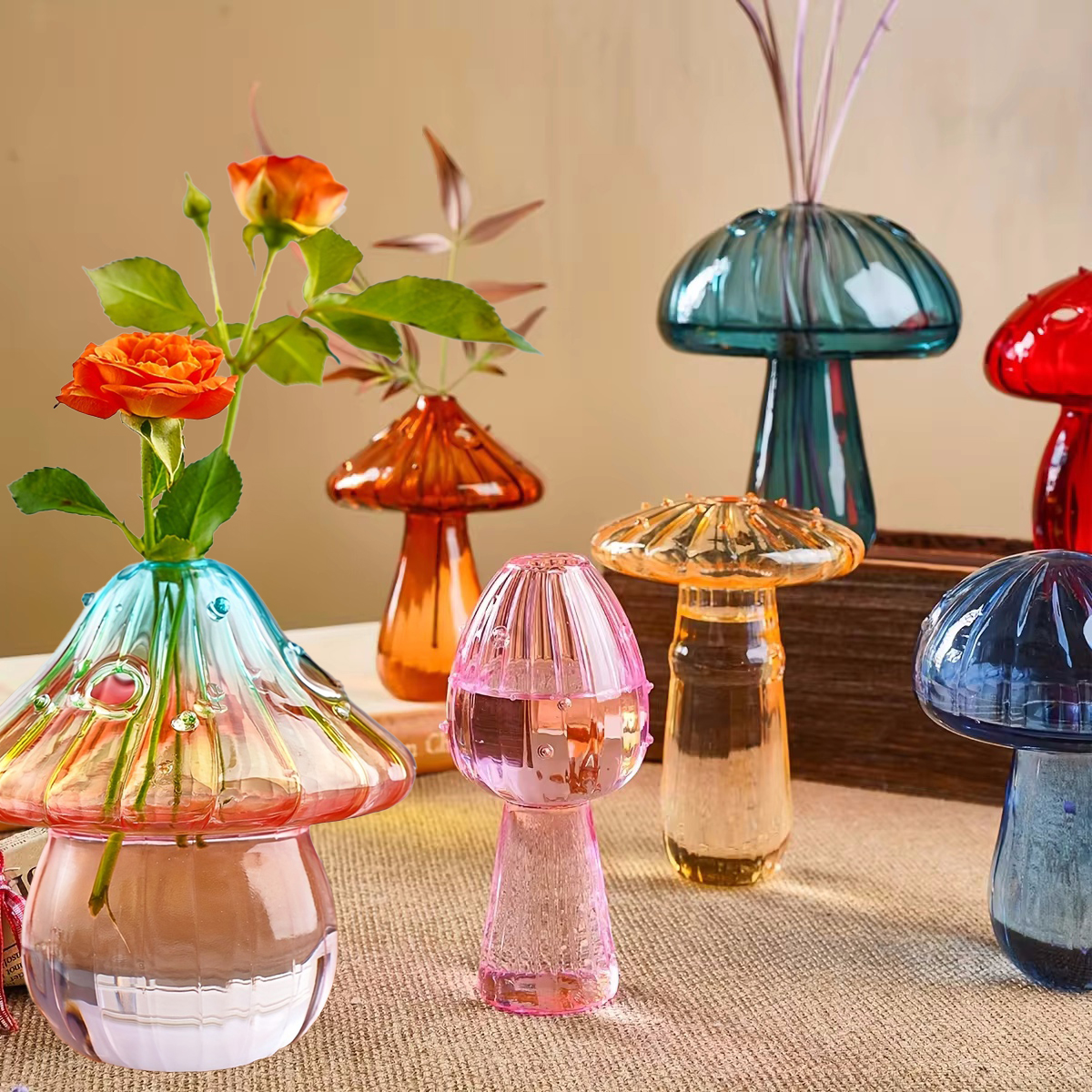 Glass Mushroom Vase, Nordic Style Home Decor, Colorful Hydroponic Flower Arrangement Ornament, Indoor Room Desktop Decor