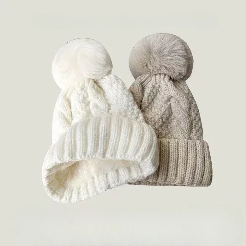 Winter Knit Beanie Hat with Fur Pompom Warm Velvet Lined Cap