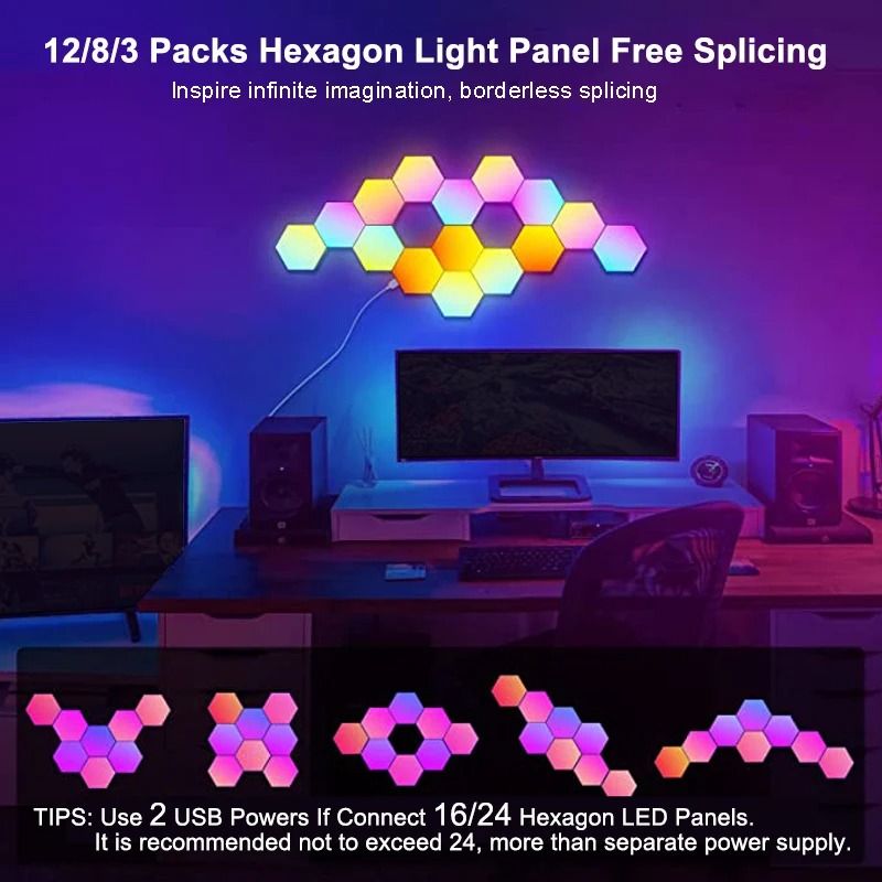 Modular RGB LED Hexagon Wall Light Panels with App and Music Sync