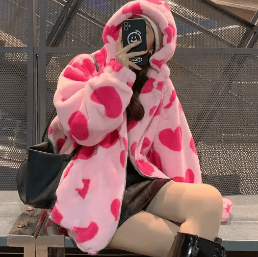 Harajuku Heart Plush Hooded Jacket – Cozy plush winter jacket women