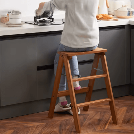 Solid Wood Folding Ladder Chair Thickened Wooden Step Stool and Folding Chair Natural Wood
