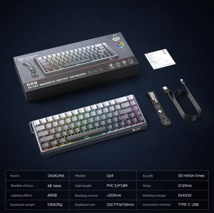 ONIKUMA G69 Magnetic Gaming Keyboard 60 Percent Wired High Speed Response