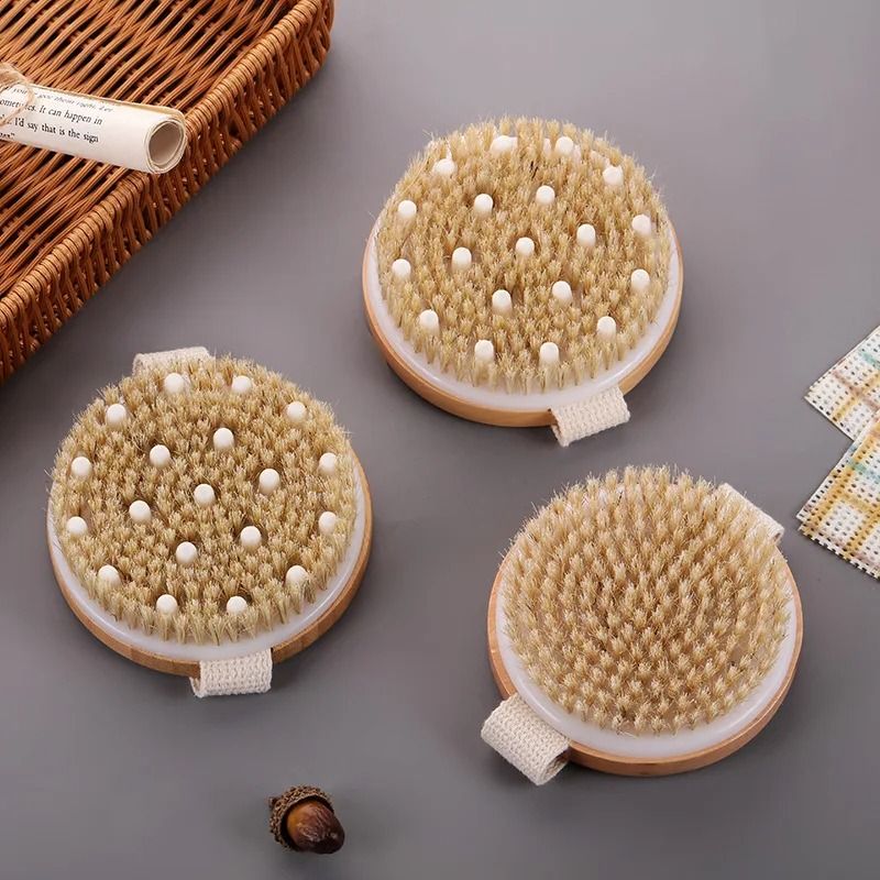 Natural Bristle Body Exfoliating Brush Wet and Dry Skin Scrub Bath Tool