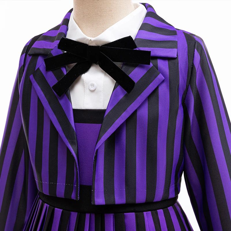 Wednesday Enid Sinclair Girls 2-Pcs Cosplay Dress – Kids Striped Party & Halloween Costume Outfit