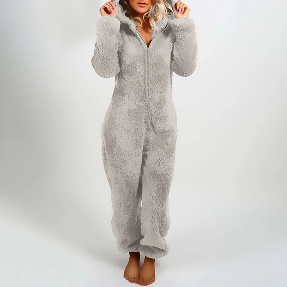 Womens Plush Flannel Pajama Romper Hooded Long Sleeve Winter Sleepwear Onesie