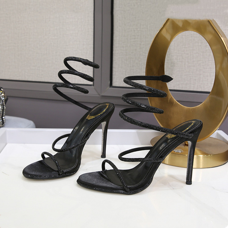 Crystal Women Sandals, Fashion Summer Snake Twine Around, Luxury Rhinestones Thin High Heels, Gladiator Party Prom Shoes