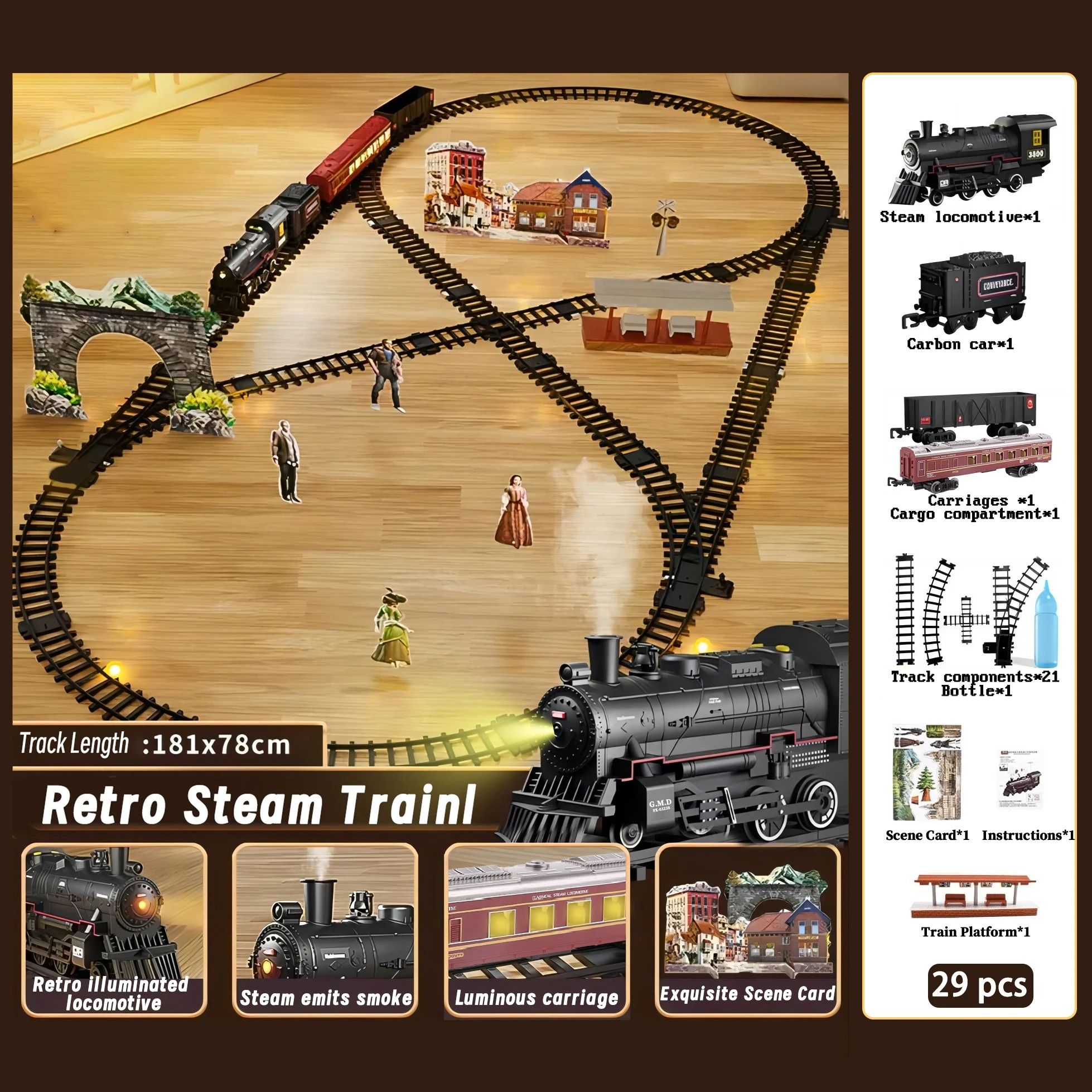Electric Railway Train Set with Smoke, Lights and Sound for Realistic Play