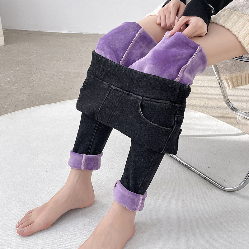 Womens Winter Jeans, Fleece Lined Slim Pencil Trousers, Elastic Waist Velvet Mom Denim Pants