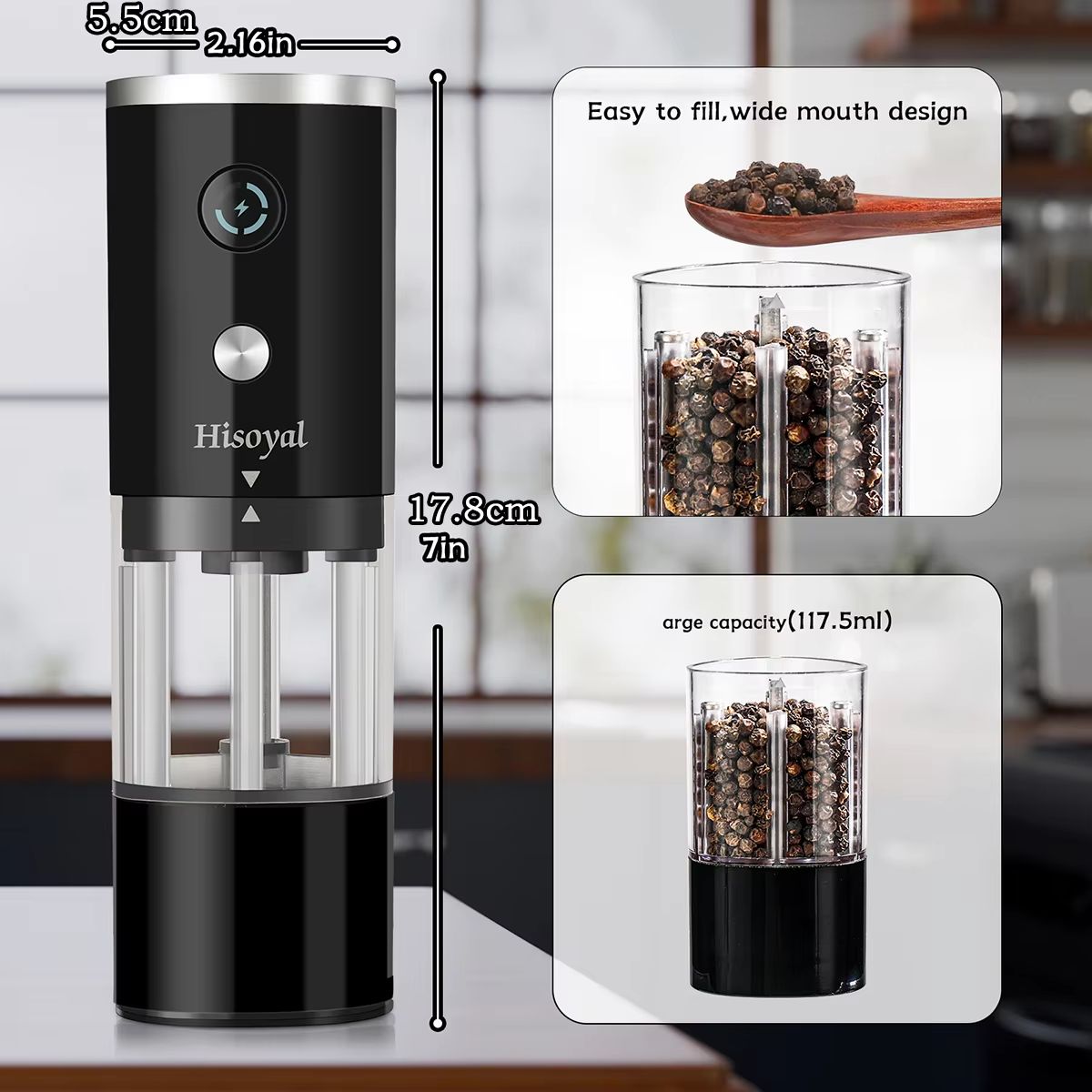 USB Rechargeable Electric Salt and Pepper Grinder Automatic Spice Grinder with Adjustable Coarseness
