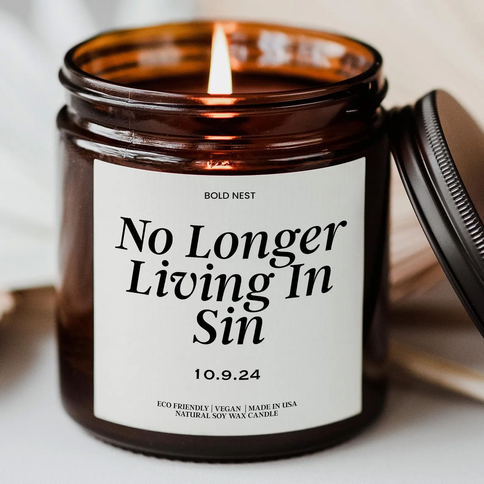 Personalized No Longer Living in Sin Wedding Candle – Funny Engagement & Wedding Date Gift