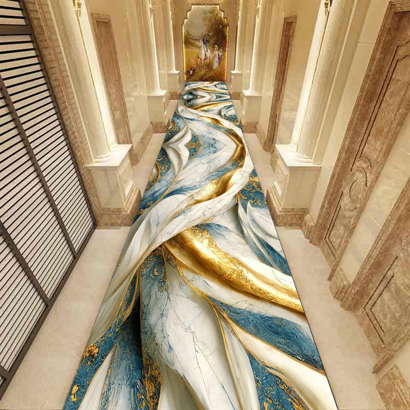 Golden Marble Runner Rug – Luxury Non-Slip Hallway & Stair Carpet