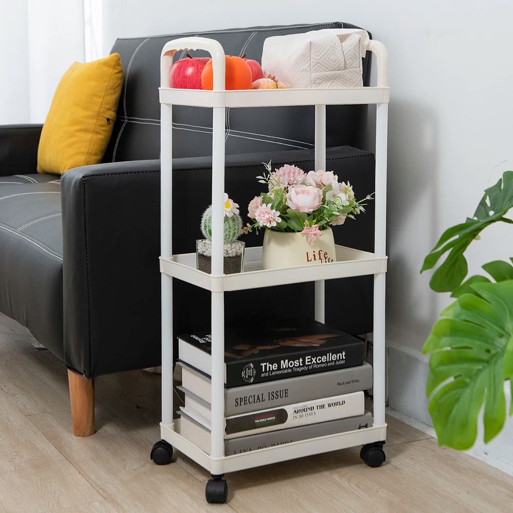 White Rolling Storage Cart 3/4 Tier | Plastic Mobile Organizer Trolley with Wheels & Hooks for Bathroom Kitchen Bedroom