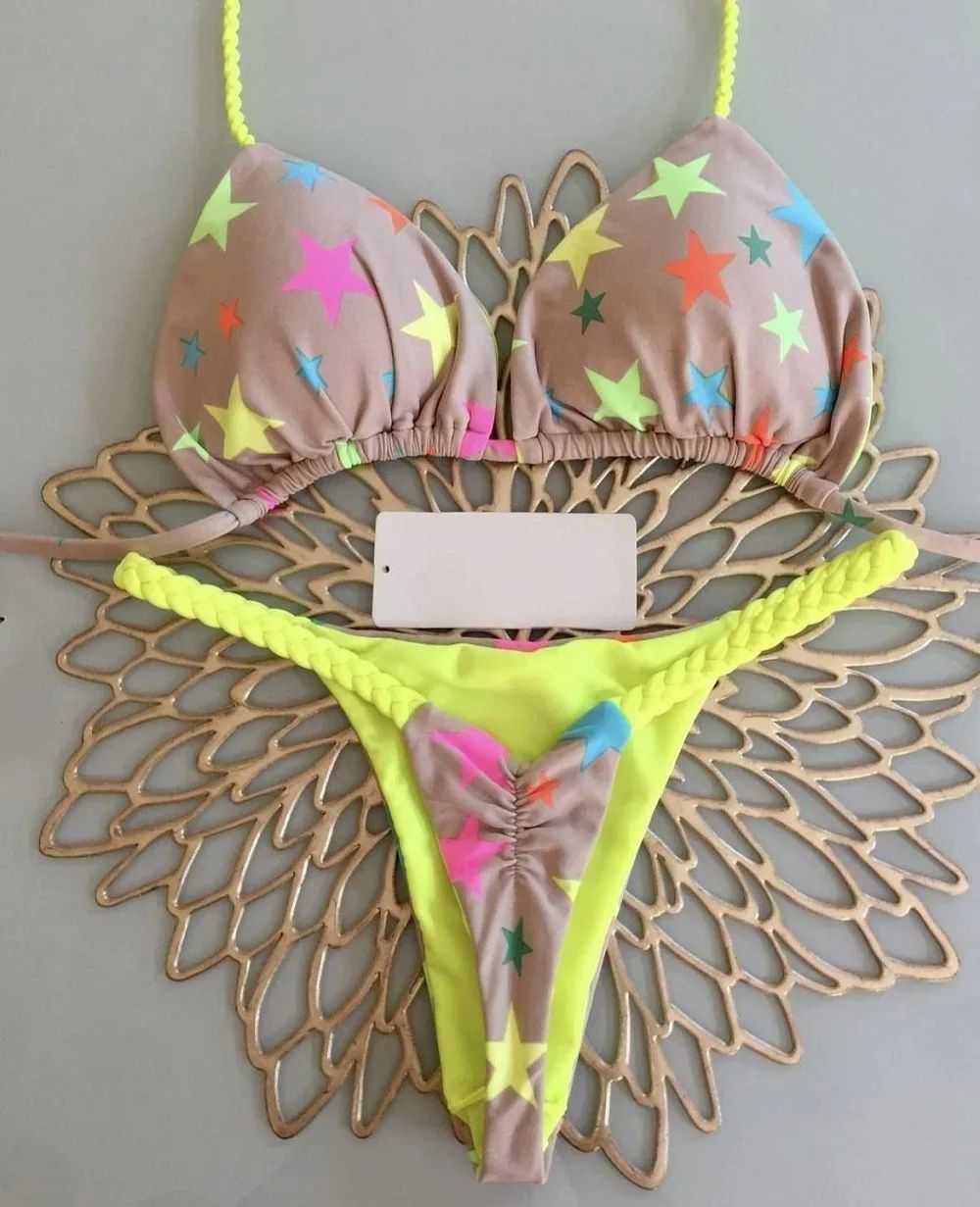 Womens Split Print G-String Bikini Set Sexy Beach Swimwear
