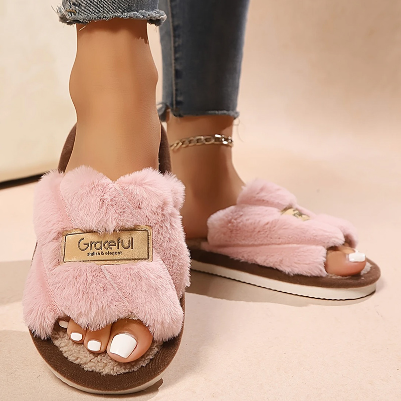 Plush Fuzzy Slippers for Women, Silent Comfort Open-Toe Slides, Winter Bedroom Warm Flip Flops
