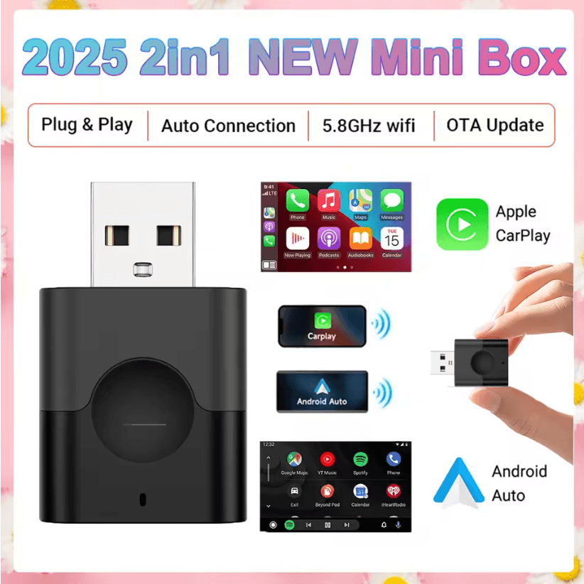 Mini Wireless Carplay Android Auto Adapter – Plug and Play 2 in 1 USB Dongle