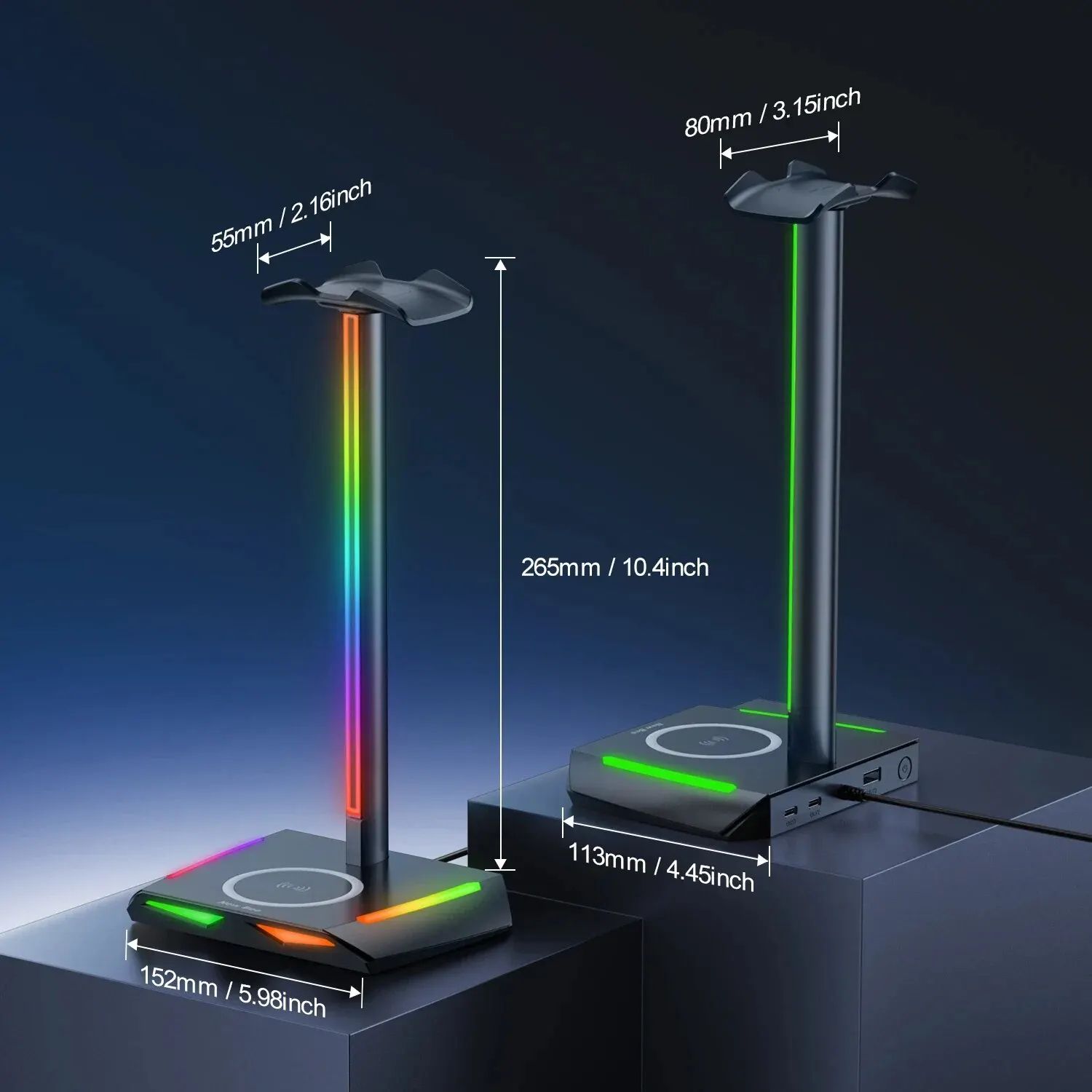 RGB Headset Stand with Wireless Charger, Gaming Headphone Holder Dock with LED Lights & Non-Slip Base