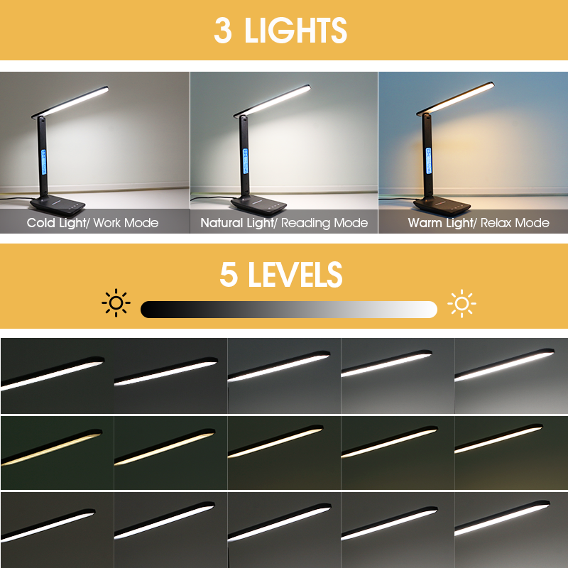 Wireless Charging LED Desk Lamp, Calendar Temperature Display, Eye Protect Study Light, Alarm Clock Table Lamp